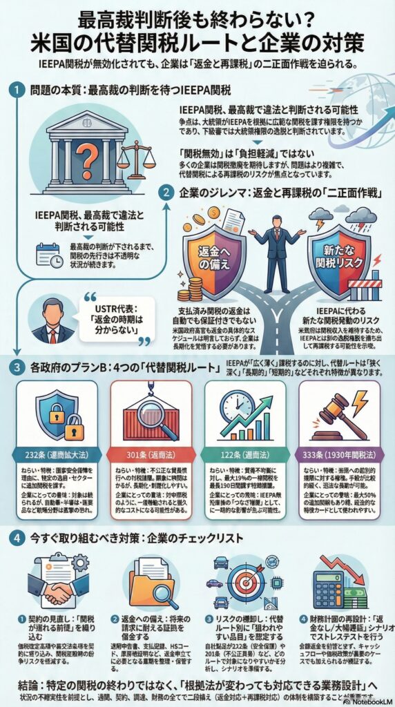 米国最高裁によるIEEPA関税の無効化判断が迫る中、企業は関税撤廃を期待するだけでなく、複雑な法的再編への備えを急ぐ必要があります。米政府は、たとえ現在の法的根拠が否定されても、232条や301条といった別の法律を活用して関税を再構築する「代替ルート」を既に検討しています。既払金の還付手続きは極めて不透明であり、企業には証憑の徹底管理と、新たな課税シナリオを前提とした契約の見直しが求められます。単なる税率の変動以上に、根拠法が次々と切り替わる不確実性のリスクを直視し、実務基盤を強固にすることが不可欠です。この動向は、将来的な調達戦略や財務計画の抜本的な再考を迫る重要な局面となっています。